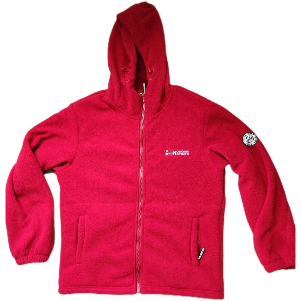 Outdoor Norway Fleece Jacket Womens L Red Full Zip Hooded Plush Lined Warm Coat